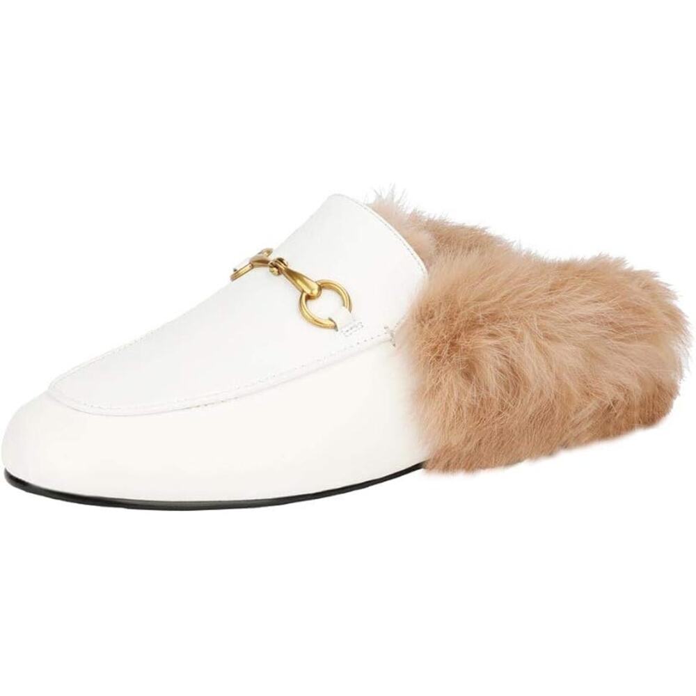 Arqa Womens Size 6 White w Brown Fur Rounded Toe Slide On Mule Slipper Shoes